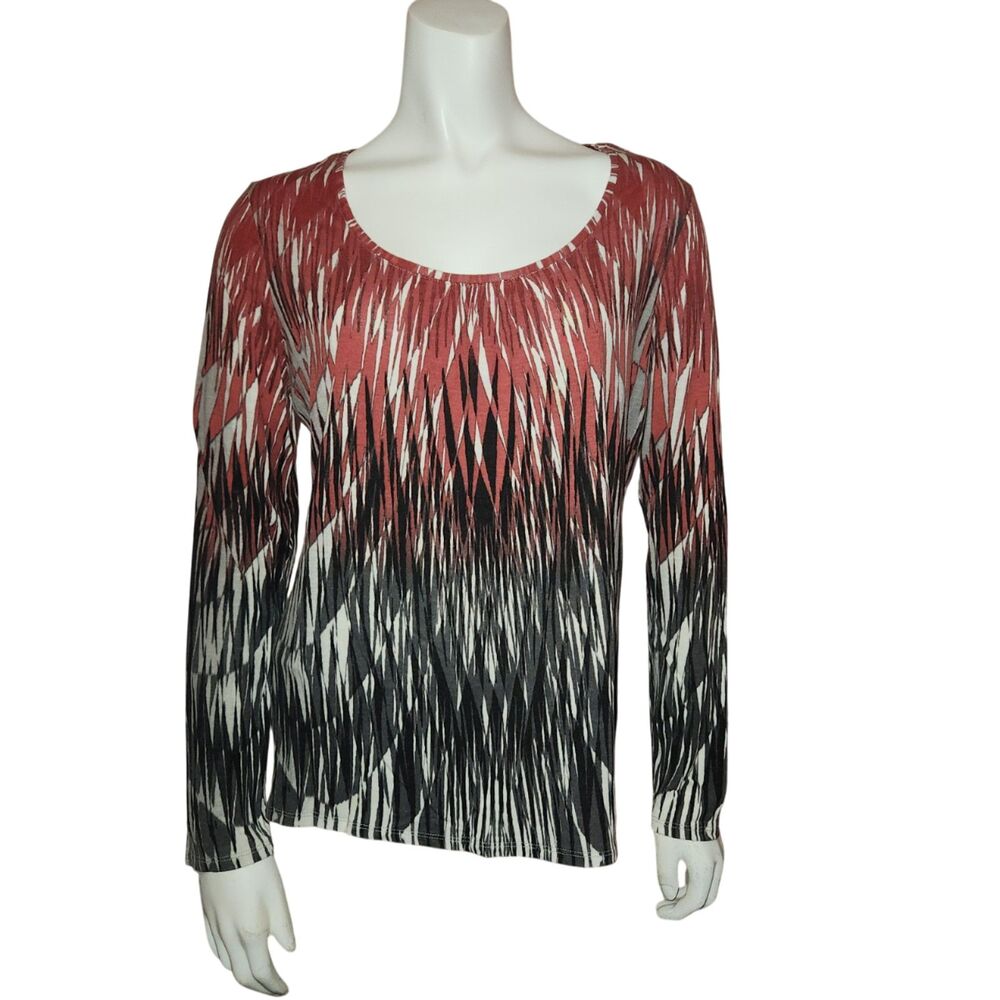 Liz Claiborne Long Sleeve Red Black Abstract Print Jersey Top Womens Size PL